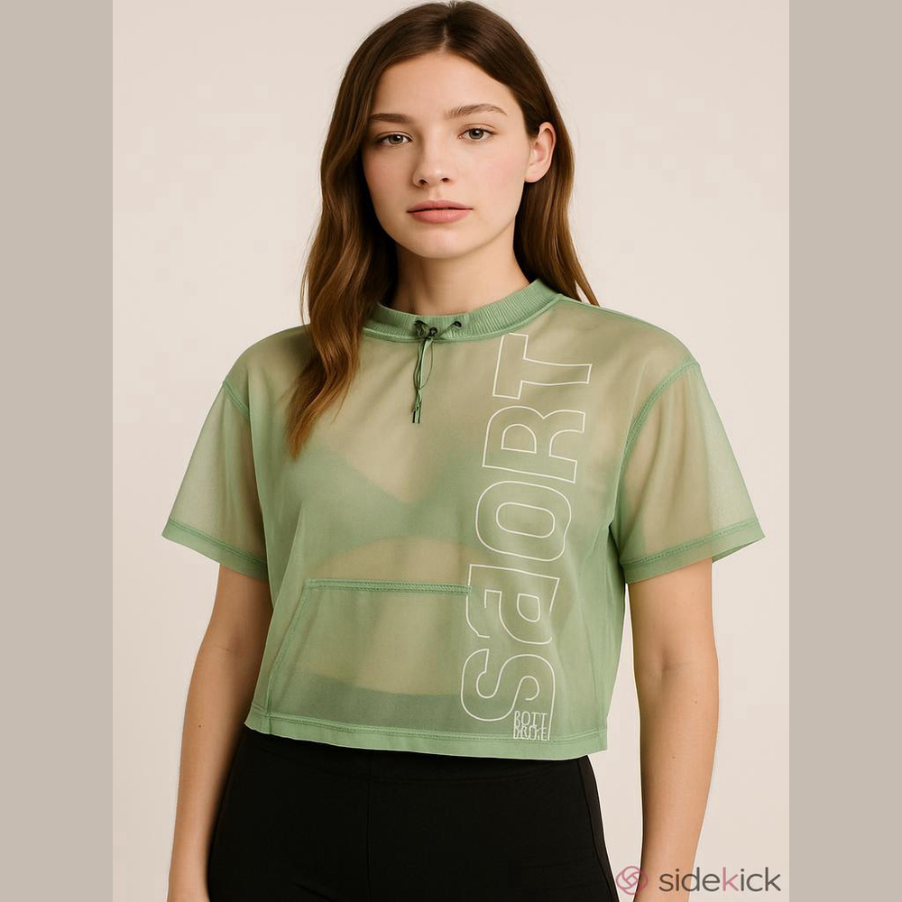 Marc Cain Sports Sheer Mesh Crop Top Mint Green Graphic Y2K Utility Athleisure